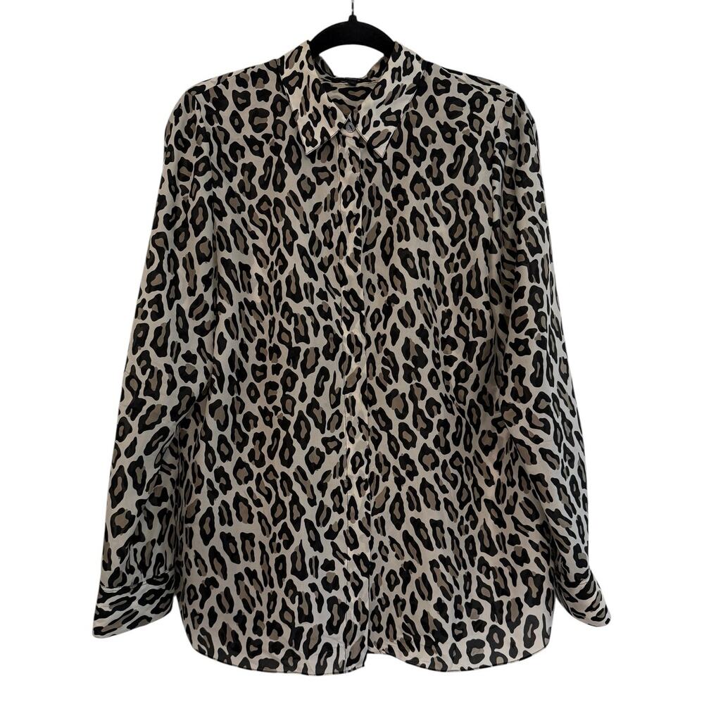 Theory Medium Silk Leopard Print Button Front Blouse Animal Print Shirt